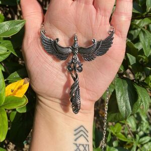Silver Phoenix Pendant Necklace Engraved Detailing Silver Tone, Elegant Unique